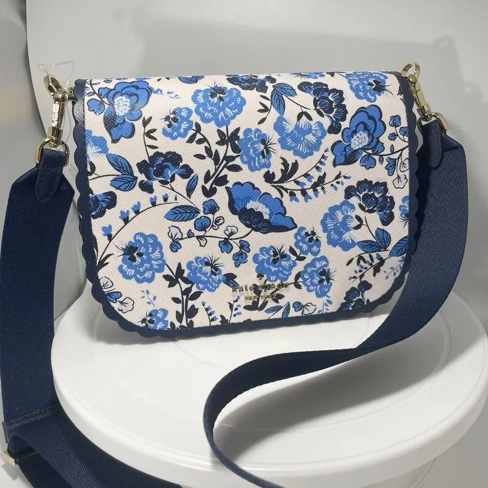 Kate Spade Madison Peacock Floral Printed Saddle Bag Blue Adjustable Strap - Picture 1 of 7